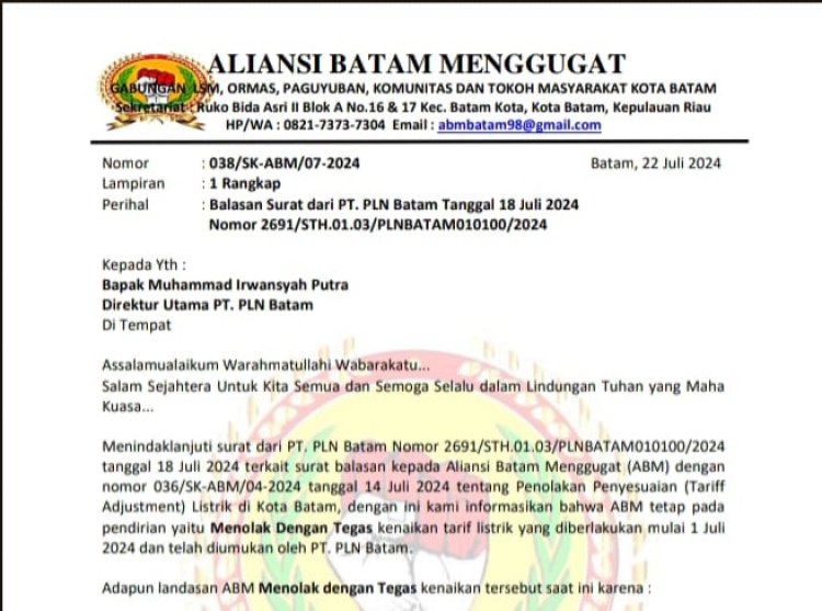 Harga Mati Tolak Kenaikan Tarif Listrik di Kota Batam, ABM Siap Demo Hingga Dibatalkan